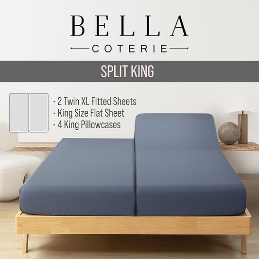 Bella Coterie 7 Piece Luxury Bamboo Viscose Split King Size Sheet Set | 2 Fitted Sheets for Adjustable Beds | 100% Organically Grown | Cooling for Hot Sleepers | 4 Pillowcases [Slate Blue]