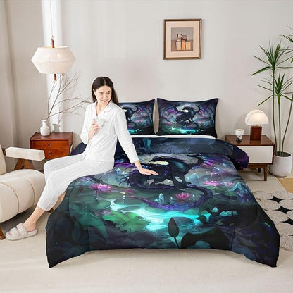 Feelyou Dragon Comforter Set King Size Dragon Stuff Bedding Set for Kids Boys Girls Wild Life Duvet Quilt Magic Wildlife Bedroom Decor Black Purplish 3 Pcs with 2 Pillow Cases