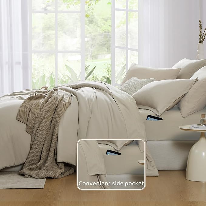 WRENSONGE Oversized Queen Comforter Set - 7 Pieces Light Oatmeal Bed in a Bag Queen with Sheets, 2 Pillow Shams, and 2 Pillowcases- Warm Bedding Sets Queen for All Season