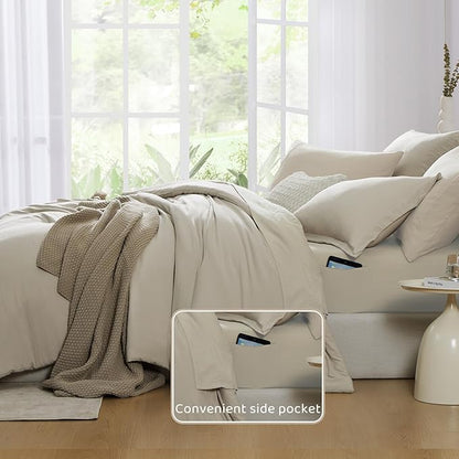 WRENSONGE Oversized Queen Comforter Set - 7 Pieces Light Oatmeal Bed in a Bag Queen with Sheets, 2 Pillow Shams, and 2 Pillowcases- Warm Bedding Sets Queen for All Season
