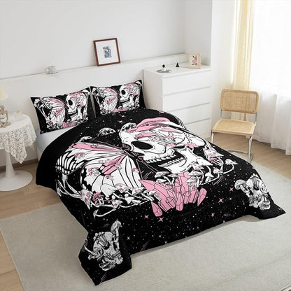 Skull Skull Bedding Set Full Size Pink Butterfly Mushroom Comforter Set Starry Galaxy Moon Quilted Duvet 3pcs for Kids Teens Girls Boys Bedroom Decor Wild Animals Plants Bedspread,2 Pillowcases