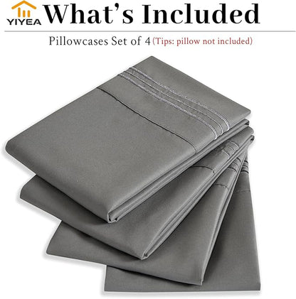 YIYEA Pillow Cases Queen Size Set of 4, Ultra Soft 1800TC Hotel Quality Double Brushed Microfiber Embroidered Pillowcases, Envelope Closure, Fade Resistant (20"x30", Dark Grey)