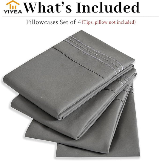 YIYEA California King Pillow Cases Set of 4, Ultra Soft 1800TC Hotel Quality Double Brushed Microfiber Embroidered Pillowcases, Envelope Closure, Fade Resistant (20"x40", Dark Grey)