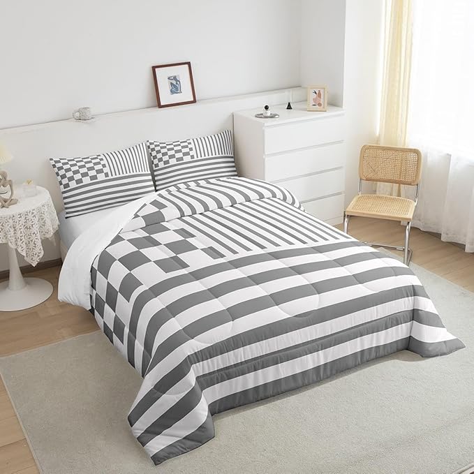 Grey Stripes Bedding Set King Size Buffalo Check Plaid Comforter Fashion Plaid Geometric Comforter Set Modern Simple Style Duvet Set 3Pcs Quilt Set 1 Comforter Set with 2 Pillowcase