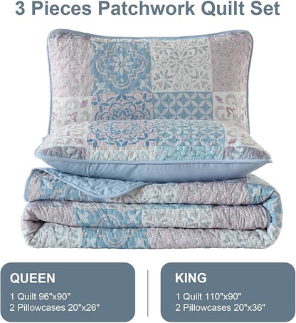 Dobuyly Quilt Set Queen Size, Light Blue/Pink Patchwork Bedspread 3 Pieces, Boho Plaid Summer Coverlet Set, Soft Lightweight Quilt Bedding Set for All Seasons 96"x90"