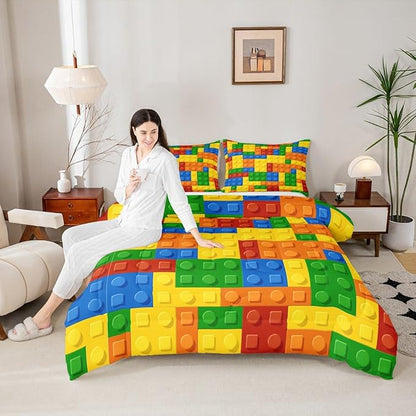 Feelyou Games Comforter Set Twin Size Building Blocks Bedding Set for Kids Boys Girls Colorful Geometric Toy Brick Comforter Gaming Nursery Quilt Duvet Set with 1 Pillowcase Boys
