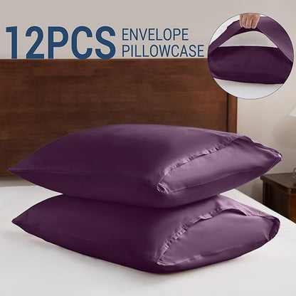 Pillowcases Standard 12 Pack, 20x26 Pillow Cases with Envelope Closure, Soft Plain Brushed Microfiber Covers Breathable Wrinkle-Resistant, Dark Purple