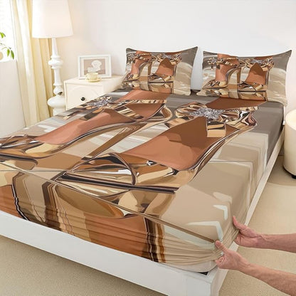 Erosebridal High-Heels Girlish Girls Bed Sheets Full Size Romantic Fashion Fitted Sheet Fashionable Gorgeous Bedding Set for Kids Children Women Bedroom Decor Modern Minimalist Gold Sheets