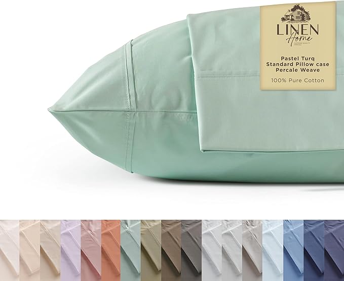 Linen Home 100% Cotton Percale Pillowcases Queen Size, Pastel Turk, 2 Pieces of Pillow Case, Crisp and Cool Strong Bed Linen, 20 inches X 30 inches