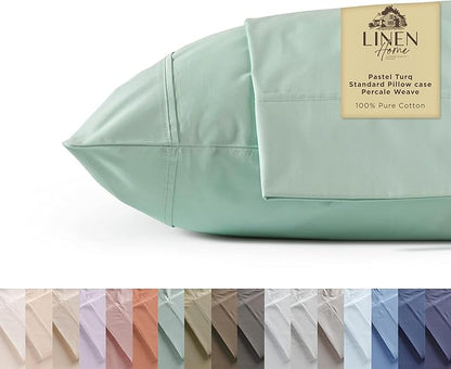 Linen Home 100% Cotton Percale Pillowcases Queen Size, Pastel Turk, 2 Pieces of Pillow Case, Crisp and Cool Strong Bed Linen, 20 inches X 30 inches
