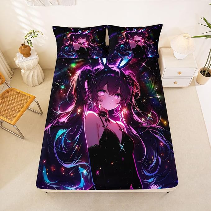 Erosebridal Cute Bunny Girls Queen Bed Sheets Japanese Anime Girl Fitted Sheet,Cartoon 3D Kids Bedding Sets Magical Neon Stars Sheets with 2 Pillowcases