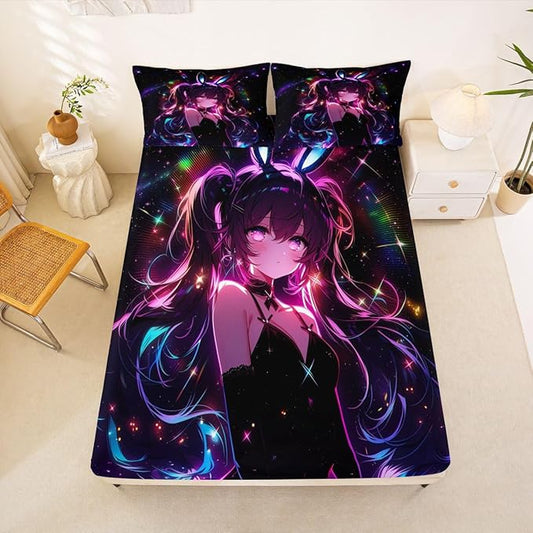 Erosebridal Cute Bunny Girls Full Bed Sheets for Kids Boys Girls Japanese Anime Girl Fitted Sheet,Cartoon 3D Bedding Sets Magical Neon Stars Sheets with 2 Pillowcases