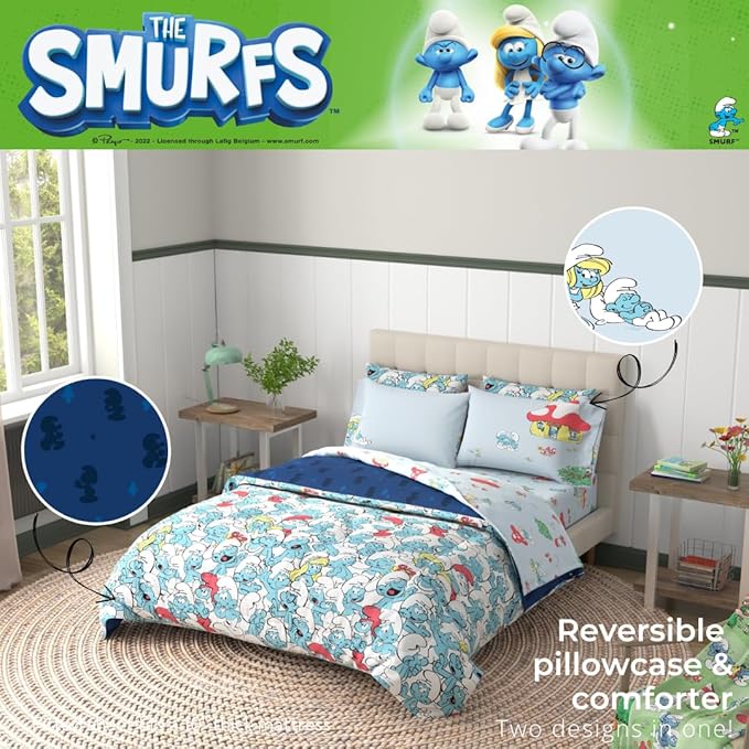 The Smurfs Kids Bedding Super Soft & Cozy Reverisble Microfiber Comforter and Sheet Set with Sham, 7 Piece Full Size, (Officially Licensed Product) By Franco