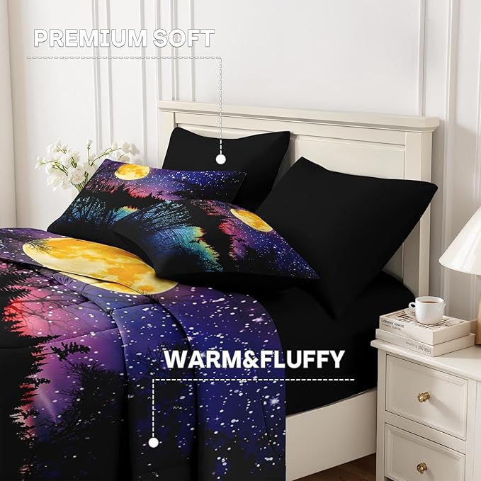 Nesker Comforter Set Full Size, Starry Woodland Fantasy 7 Pcs Bedding for Kids and Adults, Purple Lake Moonlight Bed Sheet Sets with Fitted Sheet 2 Pillowcases & 2 Shams