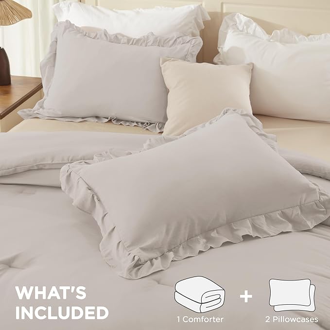 Andency Linen Grey California King Comforter Set (104x96Inch), 3 Pieces Farmhouse Shabby Chic Ruffle Bedding Sets, Lightweight Fluffy Soft All Season Bed Set