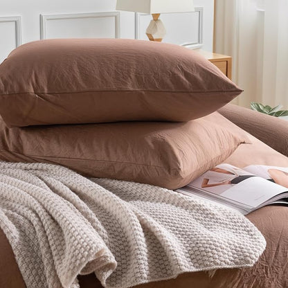 NEXHOME PRO Duvet Cover Set 100% Washed Cotton Oversized Queen 98"x98", Organic Natural Linen Look Textured 3 Pieces Bedding Set Mocha with Zipper Closure, Soft (No Comforter)