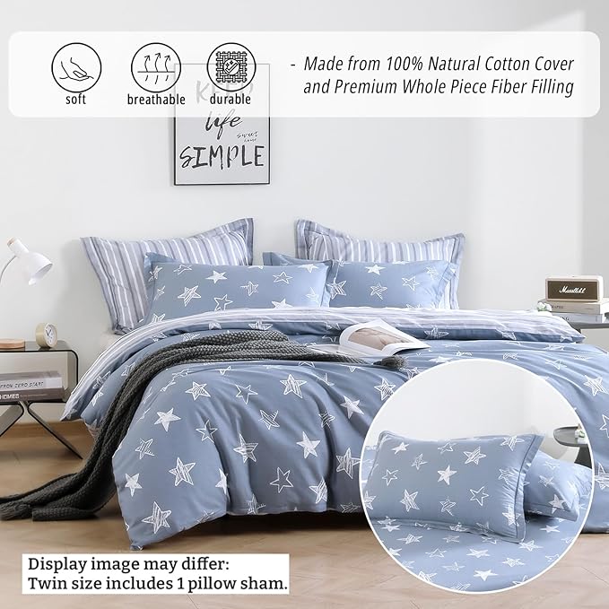 Blue Cotton Comforter Twin Size 2Pcs - White Doodle Style Stars on Denim Blue Front, Gray Stripes on Back, Reversible Lightweight Bedding Sets with Soft Fill(1 Comfoter, 1 Pillowcase)