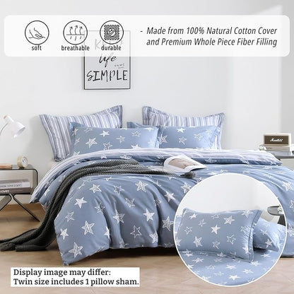Blue Cotton Comforter Twin Size 2Pcs - White Doodle Style Stars on Denim Blue Front, Gray Stripes on Back, Reversible Lightweight Bedding Sets with Soft Fill(1 Comfoter, 1 Pillowcase)