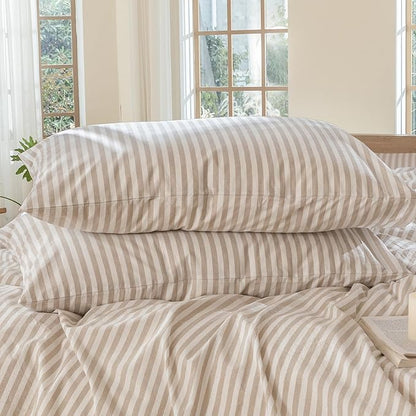 MooMee Bedding Pillowcases Striped Pack of 2 100% Washed Cotton Linen Like Textured Breathable Durable Soft Comfy (Tannish Linen Grey White Classic Stripes, King)