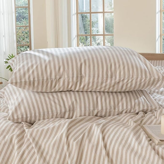 MooMee Bedding Pillowcases Striped Pack of 2 100% Washed Cotton Linen Like Textured Breathable Durable Soft Comfy (Tannish Linen Grey White Classic Stripes, King)