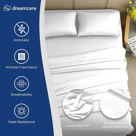 DREAMCARE Queen Size Sheets - Cooling Bed Sheets - 4pcs Set - up to 15" Deep Pocket Queen Sheet Set - Sheets Queen Size Bed - Soft & Long Lasting 100% Fine Brushed Polyester with Side Pocket - White