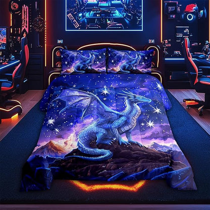 Dragon Comforter Set Twin Size,Starry Sky Mountains Bedding Set for Kids Girls Boys Room Decor,Blue Purple Western Magical Quilt Set 2Pcs,Wild Animal Trippy Duvet Insert,1 Pillowcase