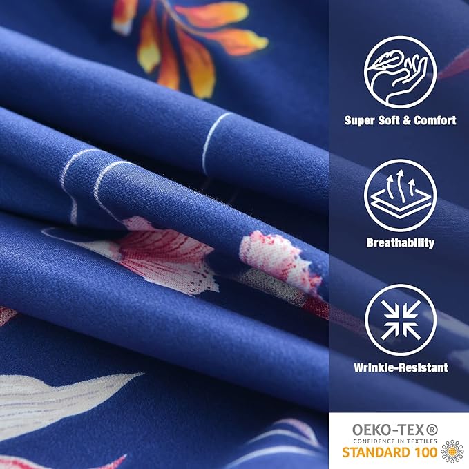 JSD Navy Floral Sheet Set Queen Size, 4 Piece Soft Printed Microfiber Sheets Extra Deep Pocket