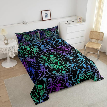 Erosebridal Sugar Skull Comforter Set Halloween Bedding Set King Size Green Blue Purple Ombre Down Comforter for Kids Boys Girls Skeleton Bones Quilted Duvet Warm Soft Horror Theme Bedroom Decor 3Pcs