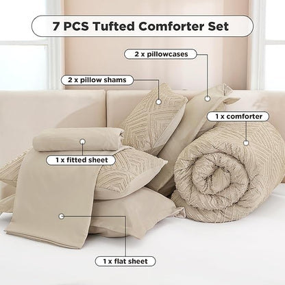 Andency Khaki Super King Plus Size Comforter Set with Sheets - 7 Pieces Bed in a Bag Boho Tufted Bedding Sets Fluffy Lightweight Oversized King Bed Set with Comforter, Sheets, Pillowcases & Shams