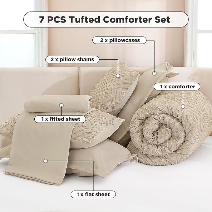 Andency Oversized King Size Comforter Set with Sheets Khaki - 7 Pieces Bed in a Bag Oversized King Boho Tufted Lightweight Bedding Sets with Comforter, Sheets, Pillowcases & Shams