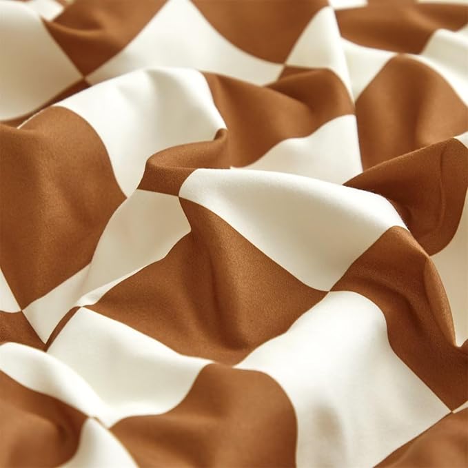 Houseri Plaid Brown and White Comforter Set Cal King - Russet Buffalo Checkered Bedding for California King - Modern Camel Grid Checkerboard Gingham Comforter for Men and Women
