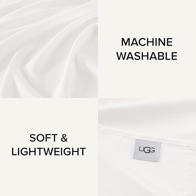 UGG Hedi Twin XL Sheet Set 3-Piece Luxury Cooling Sheets Deep Pockets Premium Bedding with 1 Pillow Sham Hypoallergenic Machine Washable Soft Lightweight Bed Set for Dorm or Kids Bed, Twin XL, White