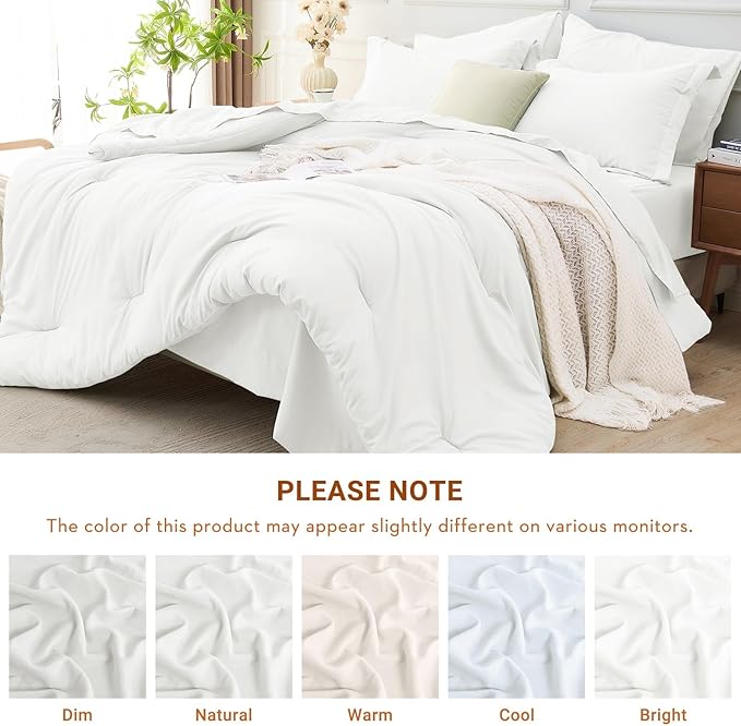 MUXHOMO 7 Pieces King Comforter Set, Soft Bed in a Bag King Size, All Season Bedding Set with Comforter, Flat Sheet, Fitted Sheet, Pillowcases & Shams, White