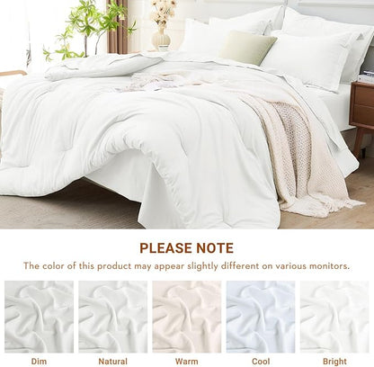 MUXHOMO 7 Pieces King Comforter Set, Soft Bed in a Bag King Size, All Season Bedding Set with Comforter, Flat Sheet, Fitted Sheet, Pillowcases & Shams, White