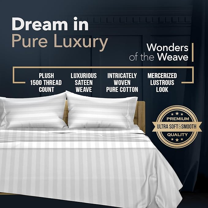 TEXAS LINEN CO. 100% Egyptian Cotton Sheets Queen Size - 1500 Thread Count 4 PC Damask Sheet Set, Sateen Luxury Sheet Queen Size, High Thread Count Sheets, Fits Upto 19" Deep Pocket, White Stripe