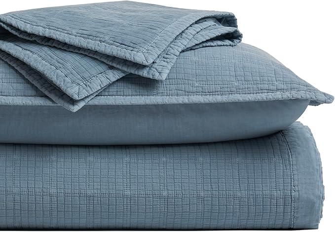 EVERGRACEHOME Stonewashed Cotton Quilt Set Full Queen Size, Ultra Soft Oversized Bedspread Coverlet Set, Lightweight Crinkle Box Stitch Bedding Sets for All Season, with 2 Shams, Sonoma Blue