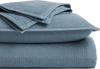 EVERGRACEHOME Stonewashed Cotton Quilt Set King Size, Ultra Soft Oversized Bedspread Coverlet Set, Lightweight Crinkle Box Stitch Bedding Sets for All Season, with 2 Shams, Sonoma Blue