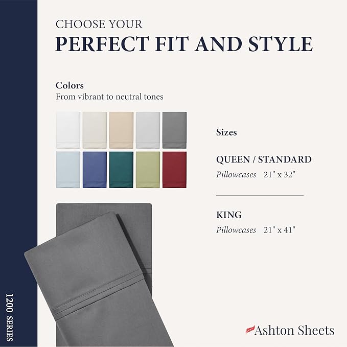 Ashton Sheets 100% Egyptian Cotton Pillow Cases King Size Set of 2 - Luxury 1200 Thread Count Sateen Weave Dark Grey Pillow Covers, Silky Soft 5 Star Hotel-Quality Pillowcases, Fits King Size Pillows