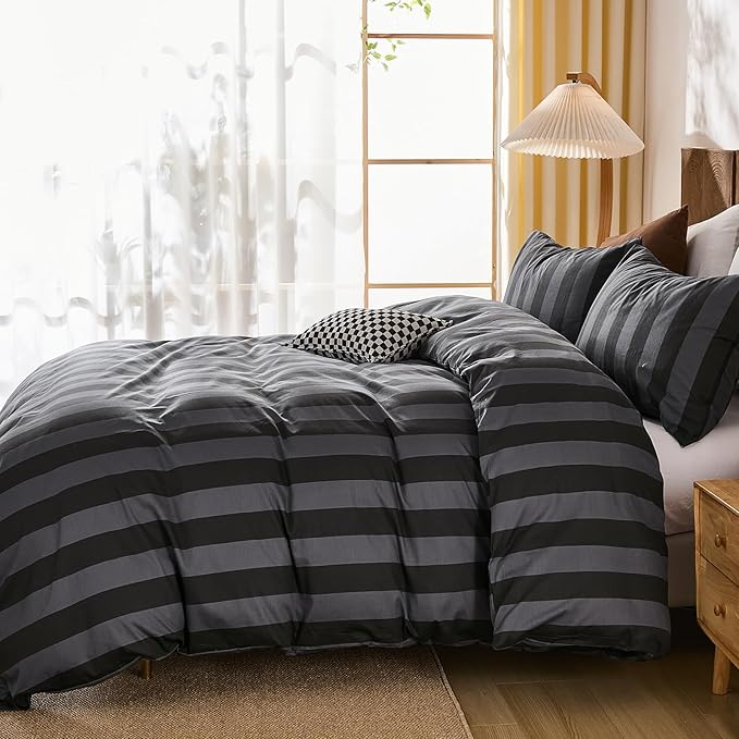 Merryword Black and Gray Striped Duvet Cover Set Queen Size - 100% Cotton Bedding Set with Zipper & Corner Ties, 3-Piece Luxury Linen Like Bedding Set for All Seasons