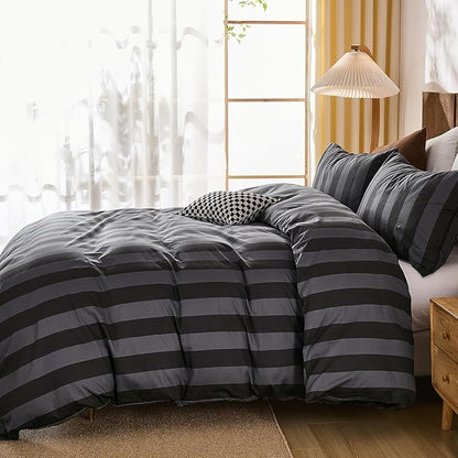 Merryword Black and Gray Striped Duvet Cover Set King Size - 100% Cotton Bedding Set with Zipper & Corner Ties, 3-Piece Luxury Linen Like Bedding Set for All Seasons