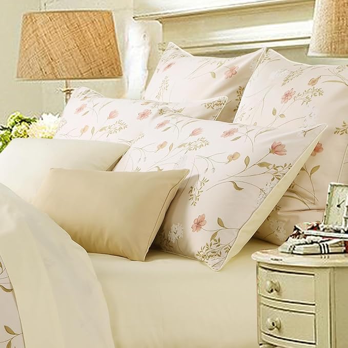 WINLIFE 100% Cotton Pillowcases Set of 2 Garden Flowers Printed Pillow Cases Soft and Breathable Pillow Cover (Queen 20x30'', Beige Floral)