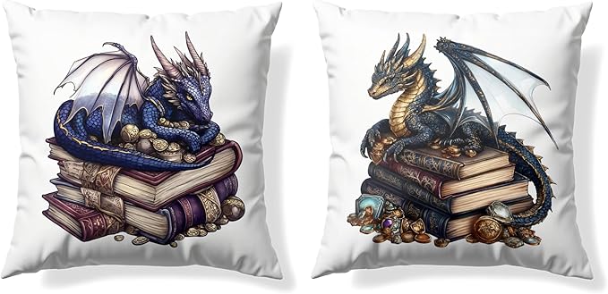 Vintage Magical Blue Dragon Reading Book Decorative Throw Pillow Covers 18x18 Set of 2, Fantasy Room Decor for Kids, Gamers, and Bookworms,Reading Nook Decor, Gifts for Bookworm Readers
