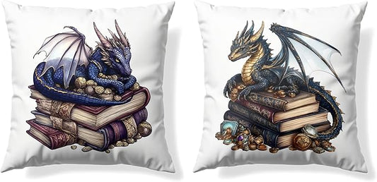 Vintage Magical Blue Dragon Reading Book Decorative Throw Pillow Covers 18x18 Set of 2, Fantasy Room Decor for Kids, Gamers, and Bookworms,Reading Nook Decor, Gifts for Bookworm Readers