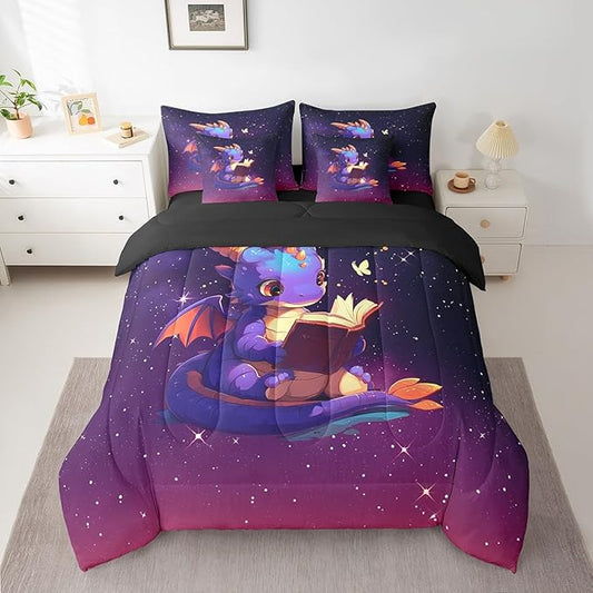 Lovely Dragon Comforter Set 7 Pieces Full Size,Purple Black Ombre Galaxy Bedding Set for Kids,Cartoon Western Dragon Animal (Comforter+Fitted+Flat Sheet+2 Pillowcases+2 Throw Pillow Covers)