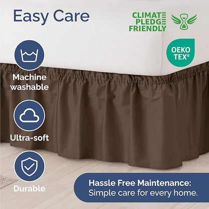 Wrap Around Dust Ruffle Bed Skirt - Brown - for King Size Beds with 15 Inch Drop - Easy Fit Elastic Strap - Adjustable Pleated Bedskirt w/Brushed Fabric - Wrinkle Free - for Women, Men, Kids & Teens