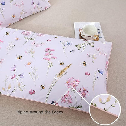WINLIFE 100% Cotton Pillowcases King Size Pink Floral Bees Printed Pillow Cover 2 Pack, Super Soft Envelope Closure King Pillow Case Set (King, 20"x36")