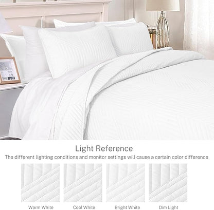 Exclusivo Mezcla Ultrasonic Full Queen Quilt Bedding Set, Lightweight White Bedspreads Soft Modern Geometric Coverlet Set for All Seasons (1 Quilt and 2 Pillow Shams)