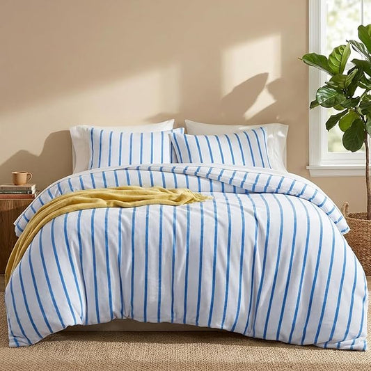 Bedbay Blue Striped Comforter Set Queen Size Microplush Fleece Bedding Set Ultra Soft & Warm Flannel Velvet Comforter Set 3 Pcs Blue White Stripes Pattern Queen Bed Set for All Seasons