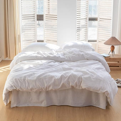 BISELINA French Linen Bed Skirt with Pleated Corner 18-Inch Tailored Drop Natural Flax Cotton Blend Basic Dust Ruffle Soft Cozy Farmhouse Bedding (18" Full, Basic White)