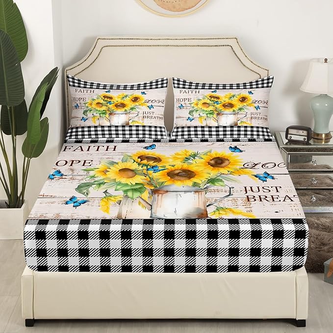 Yellow Sunflowers Bed Sheets Set Rustic Farmhouse Style Fitted Sheet Black White Plaid Bedding Set for Bedroom Decor Retro Gingham Sheet (Queen Flat Sheet & Fitted Sheet with 2 Pillow Case)